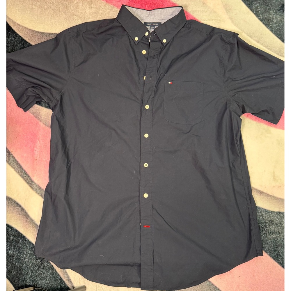 Tommy Hilfiger Mens XLT Navy Blue Short Sleeve Button Down Shirt Tall Fit